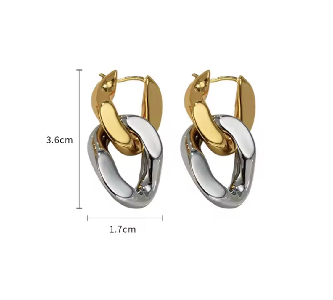 Two-Tone Interlocking Link Drop Earrings — Silver & Gold Hoops
