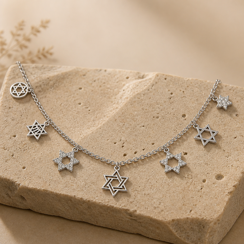 Stainless Steel Magen David 7-Charm Necklace