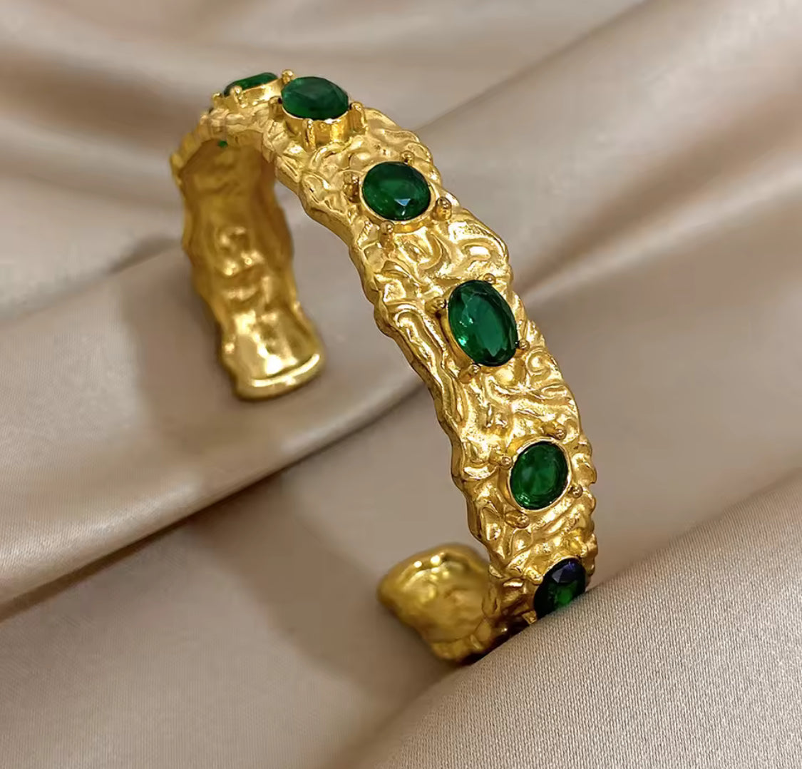 18K Gold-Plated with Emerald accents cuff bangle