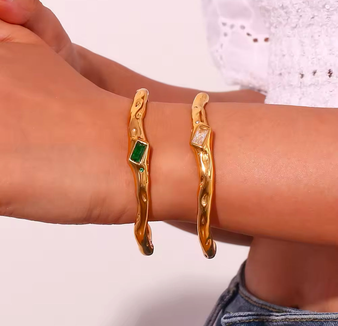 Gold Plated Twist Cuff Bangle with Green and Clear Stones