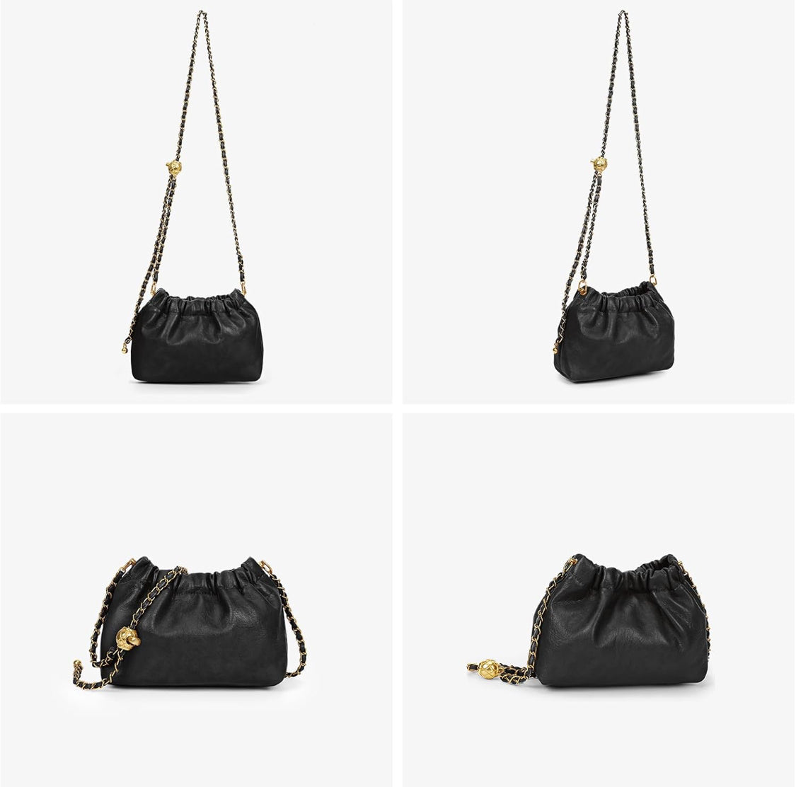 Womens Boho Leather Pleated Trendy Drawstring Small Crossbody Bag, mini tote with adjustable chain strap