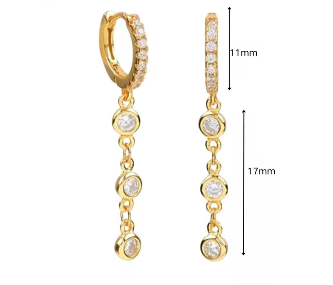 Bezel Trio Chain Drop Huggie Earrings, Gold Plated Stainless Steel Dangle Earrings by