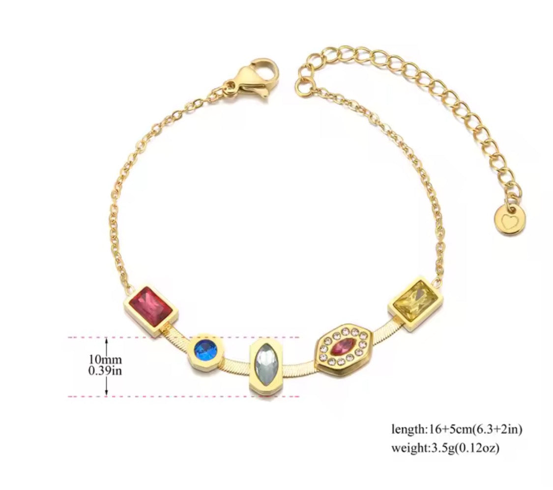 Rainbow Zircon Herringbone Gold Bracelet