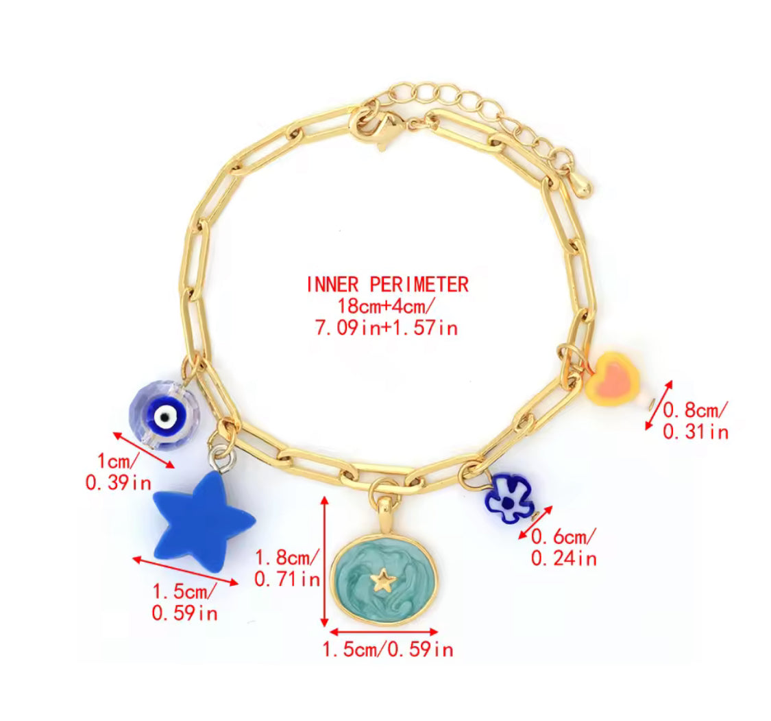 Gold Paperclip Chain Bracelet with Evil Eye & Whimsical Charms