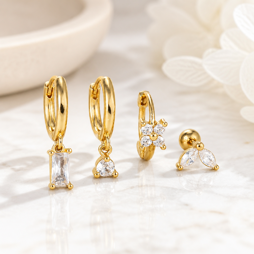 Dainty Gold CZ Earring Stack Set – 4 Piece Mix & Match Collection