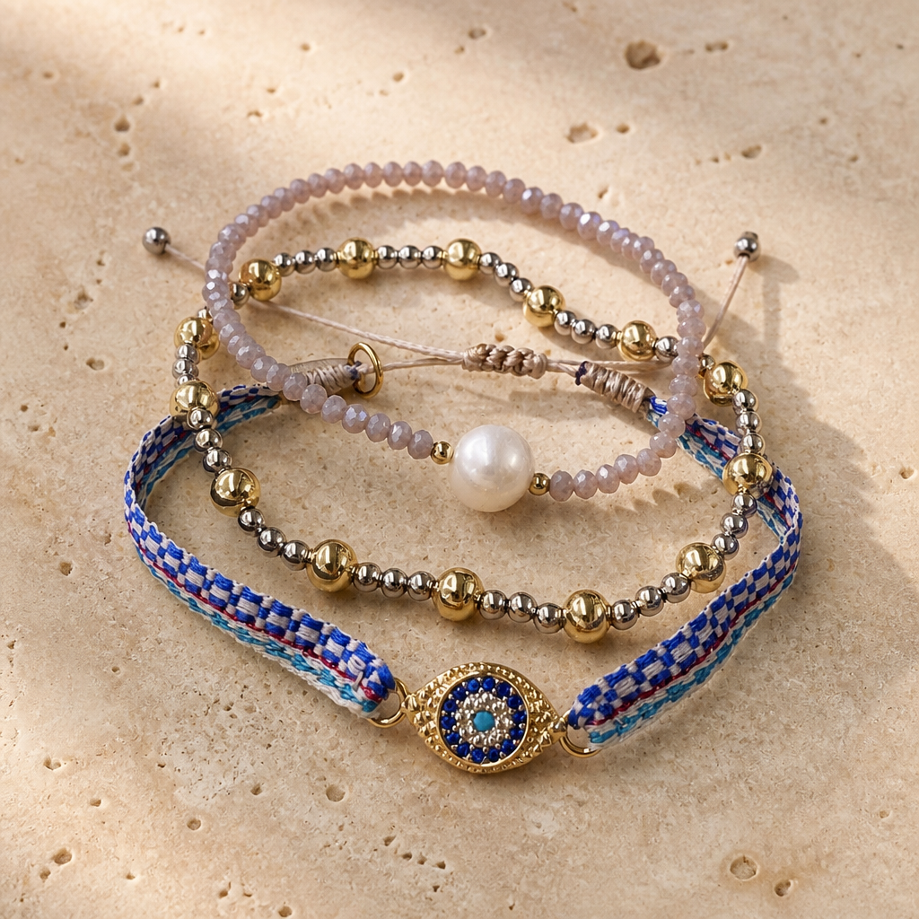 Boho Luxe 3-Piece Bracelet Stack, Evil Eye, Pearl & Crystal, Final Sale