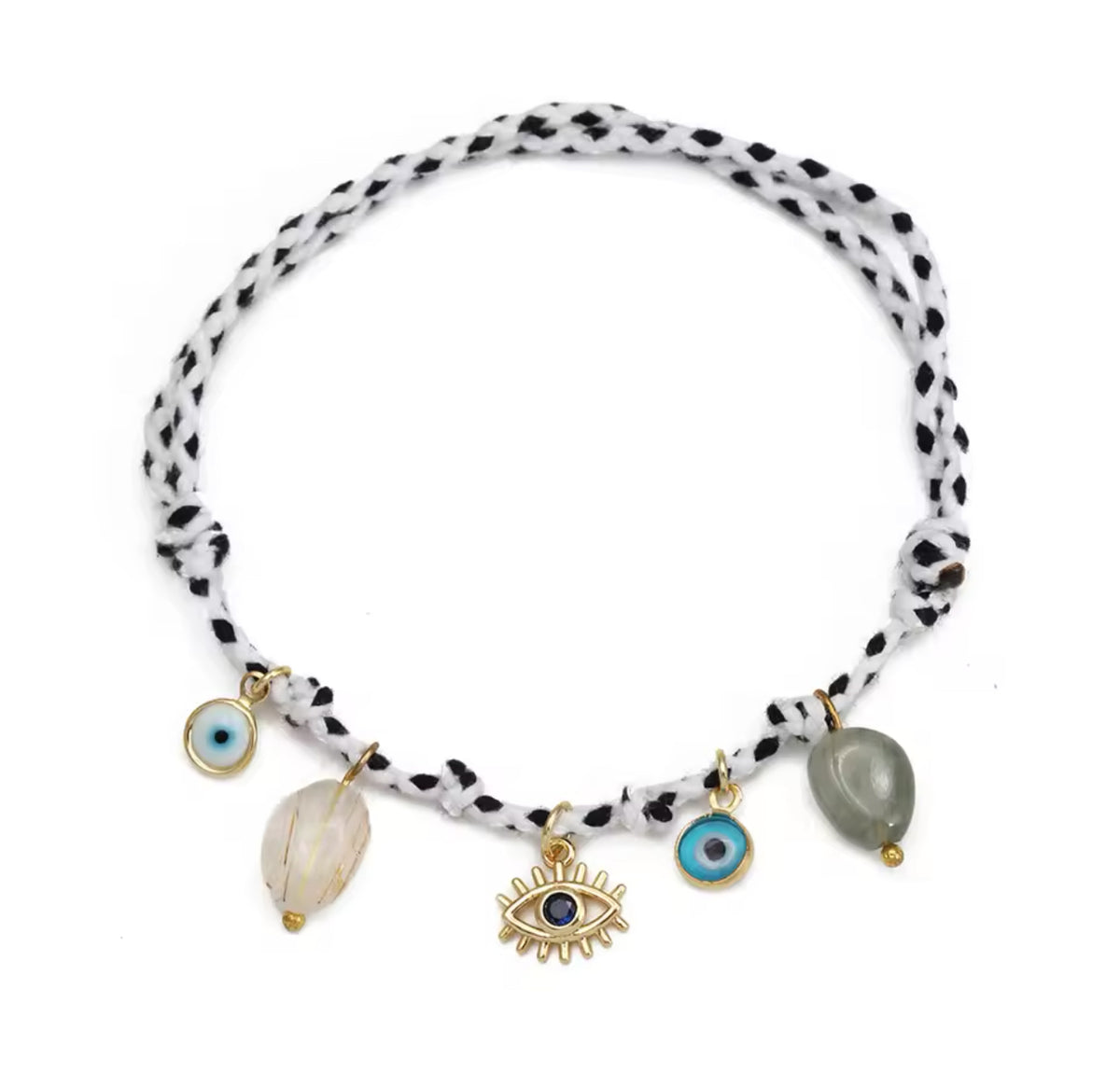 Handmade Evil Eye Braided Charm Bracelet – Colourful Tassel, Gemstone Beads, Adjustable