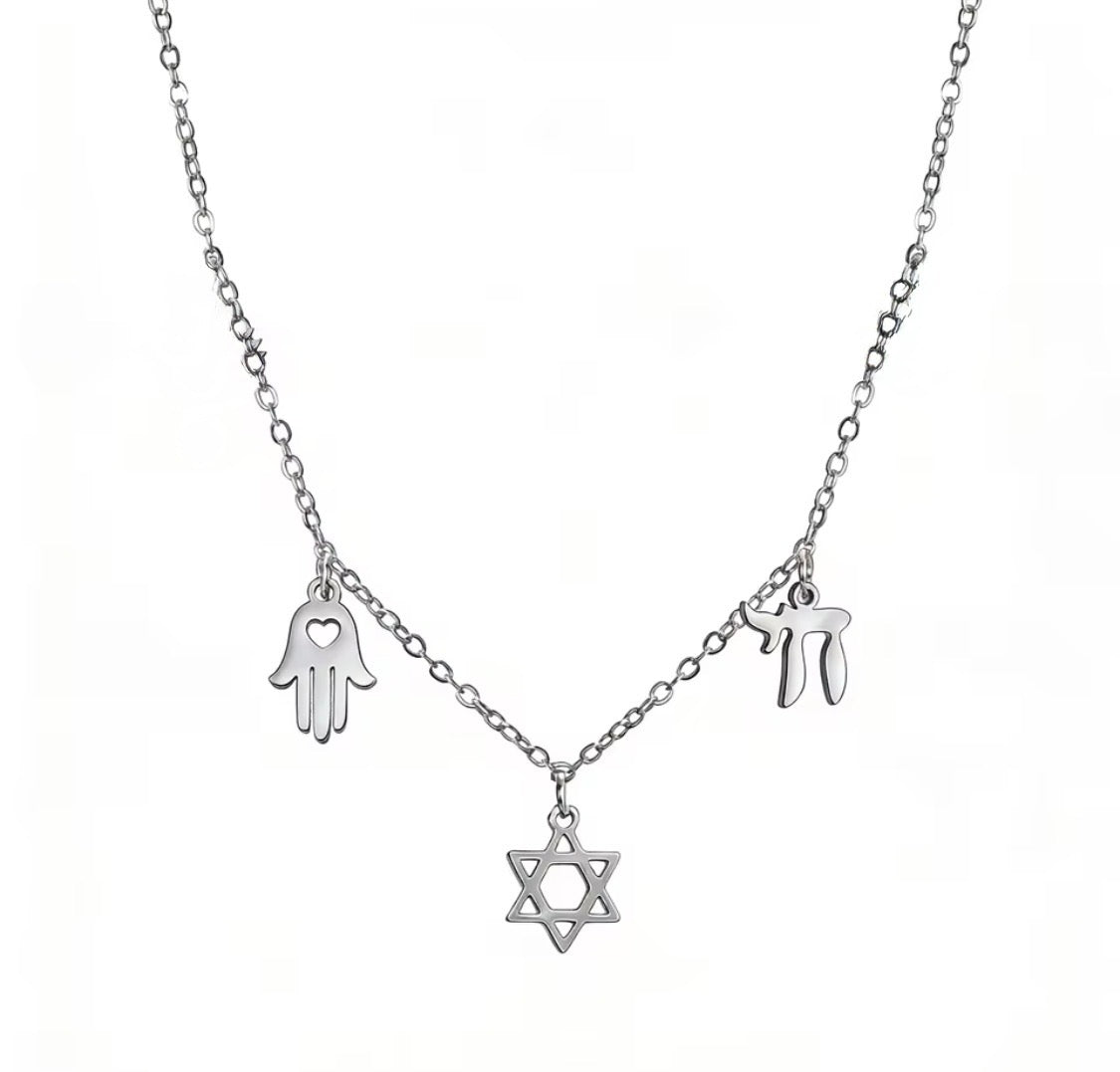 Star of David - Magen David, Hamsa & Chai Charm Necklace