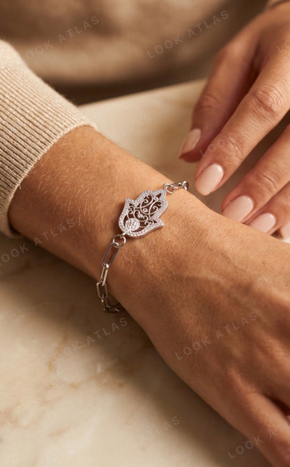 Silver Hamsa Paperclip Bracelet | Stainless Steel Protection Bracelet | Waterproof & Tarnish-Free