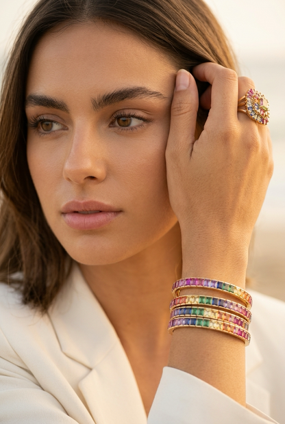 Colourful Rainbow Square Cut Tennis Bracelets | Water-Resistant Gold Plated