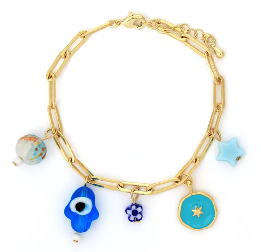 Gold Paperclip Chain Bracelet with Evil Eye & Whimsical Charms