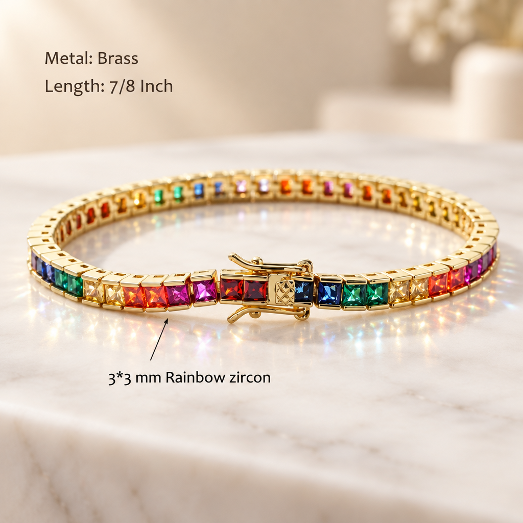 Colourful Rainbow Square Cut Tennis Bracelets | Water-Resistant Gold Plated