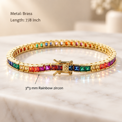 Colourful Rainbow Square Cut Tennis Bracelets | Water-Resistant Gold Plated