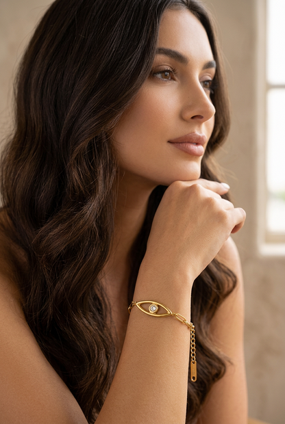 Gold Evil Eye Link Bracelet Water-Resistant , Tarnish-Free Protection Bracelet