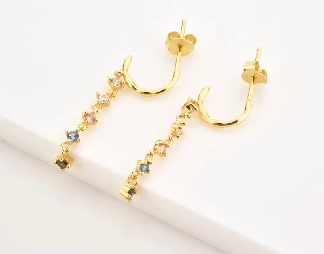 Gold Crystal Chain Hoop Earrings, Minimalist Drop Earrings for Women