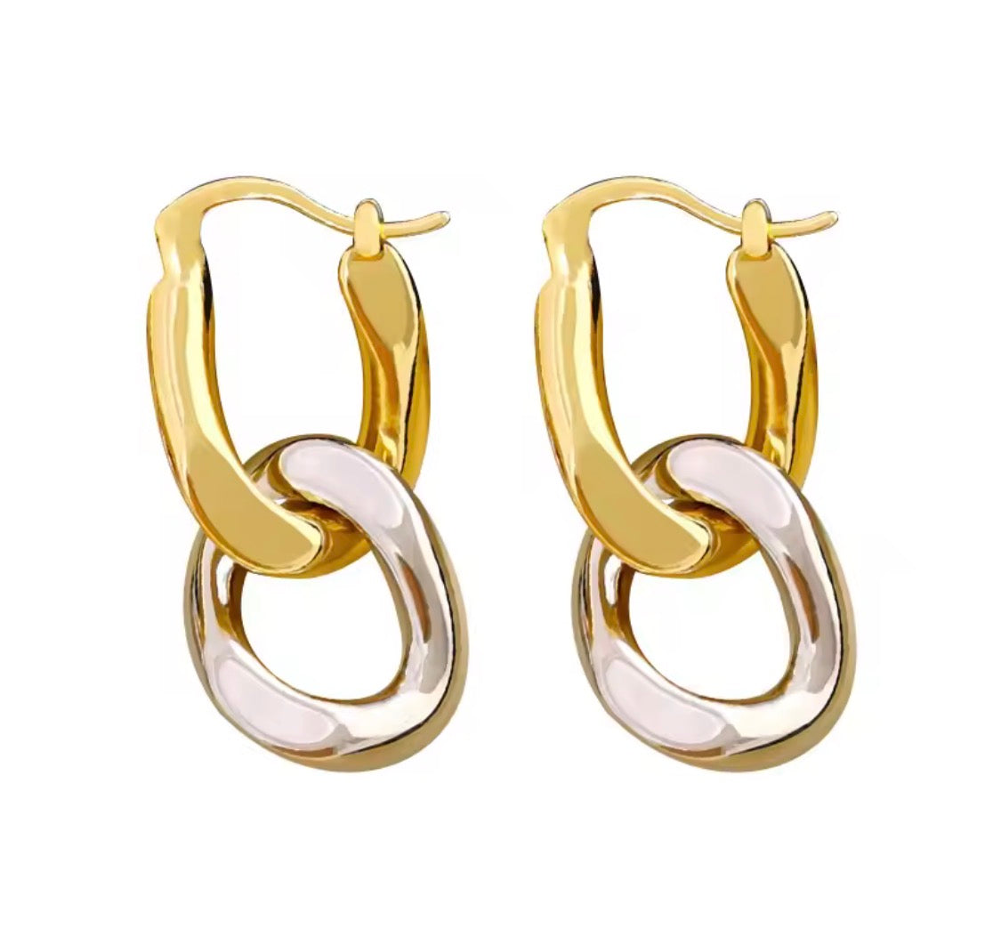 Two-Tone Interlocking Link Drop Earrings — Silver & Gold Hoops