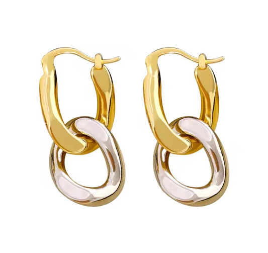 Two-Tone Interlocking Link Drop Earrings — Silver & Gold Hoops