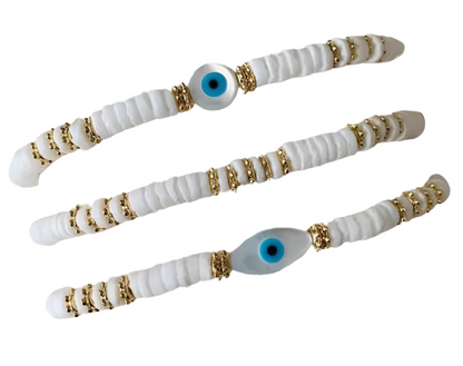 Upcycled Natural Shell & Evil Eye Bracelet