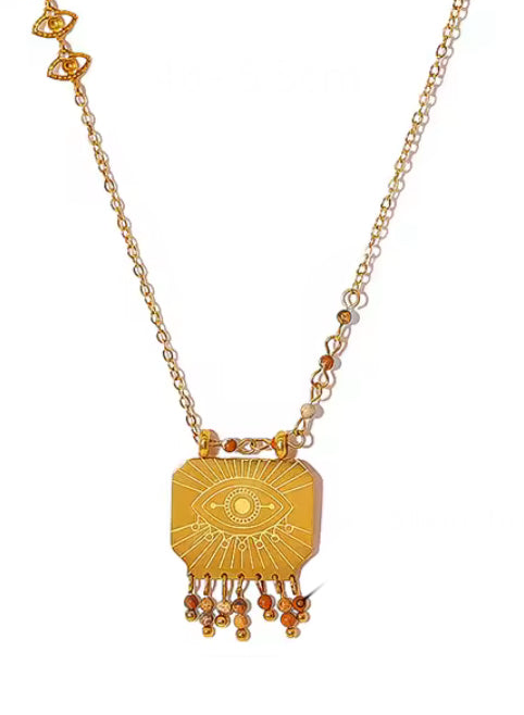 Rectangular Evil Eye & Beaded Pendant Necklace