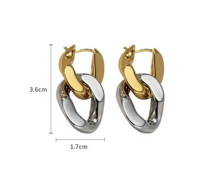 Two-Tone Interlocking Link Drop Earrings — Silver & Gold Hoops