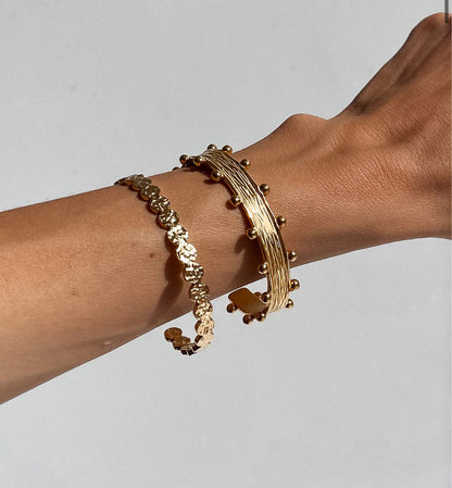 Gold Plated Textured Circle Cuff Bangle Bracelet