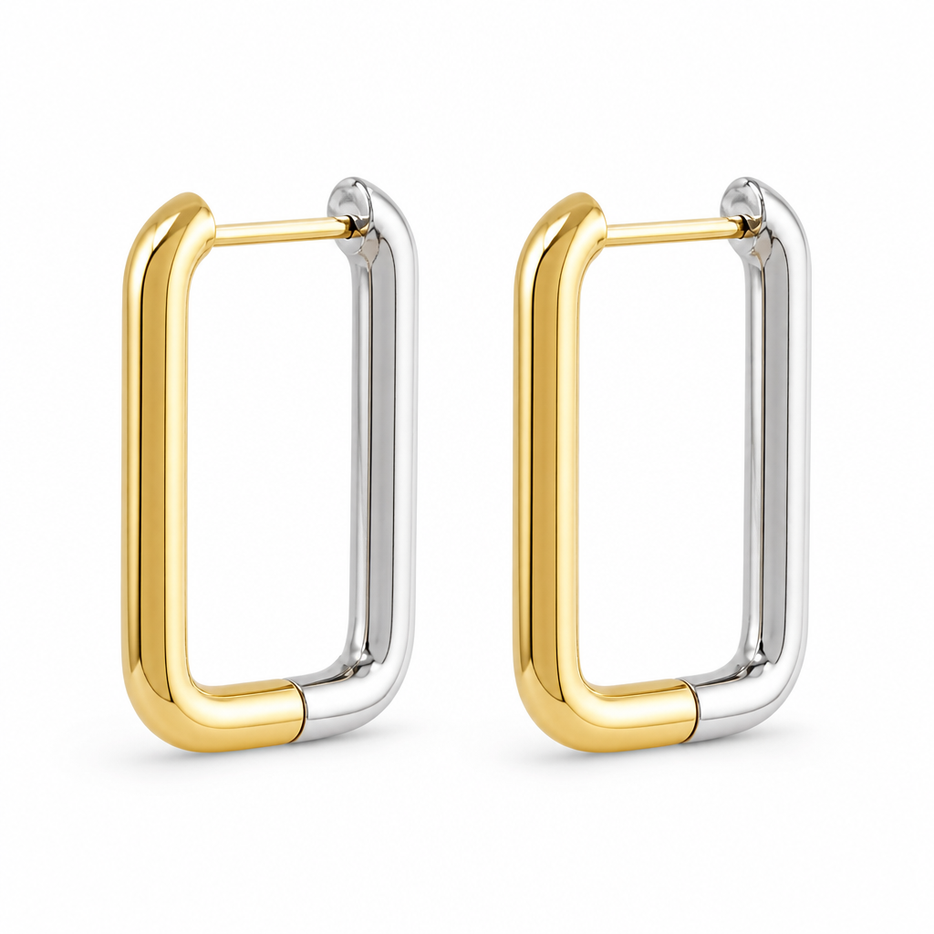 Sleek Reversible Rectangular Hoop Earrings, Two-Tone Gold & Silver | Style NV