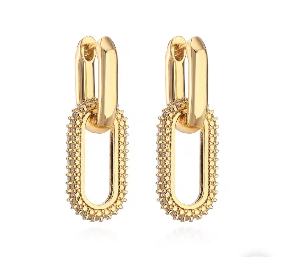 Pavé Crystal Gold Paperclip Hoop Earrings — Chunky Double Loop Everyday Hoops