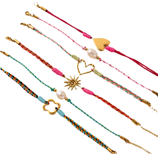 Handmade Colourful Braided Bracelet with Heart, Pearl, Sun, or Clover Charm – Adjustable Boho Bracelets