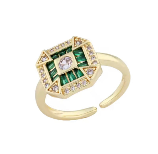 Emerald Green Cubic Zirconia Adjustable Ring | Gold Statement Ring | Water-Resistant & Tarnish-Free