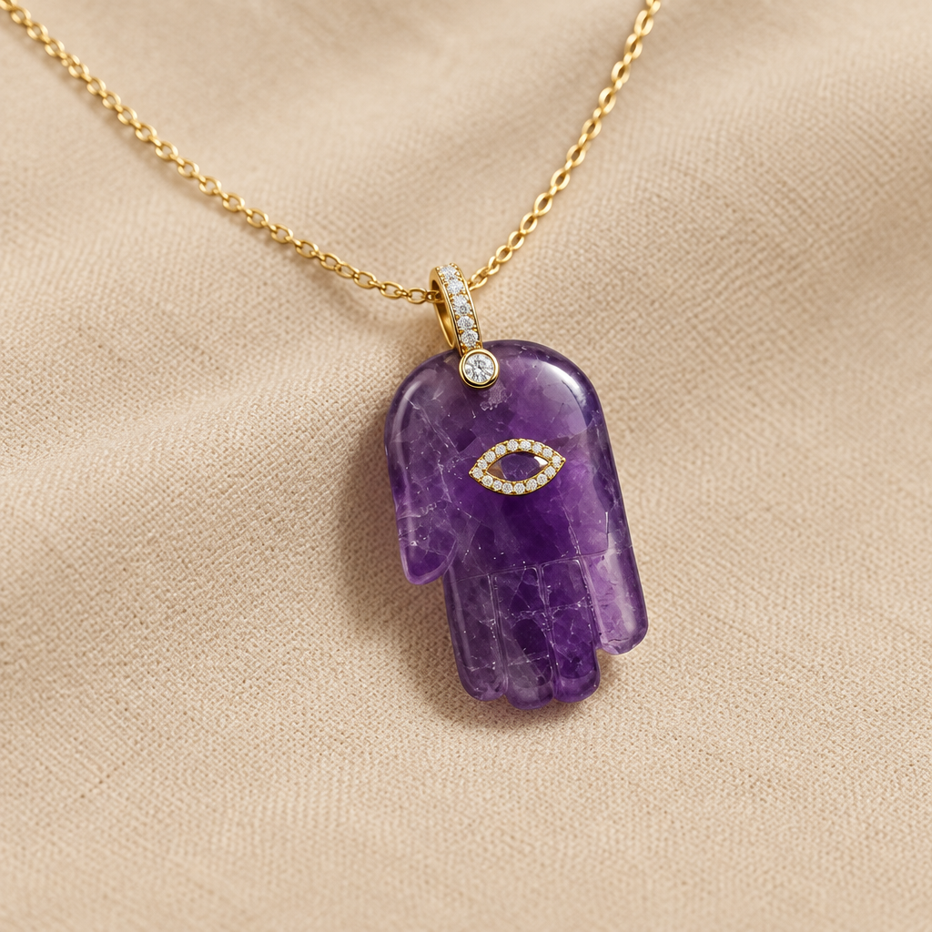 Natural Gemstone Hamsa Necklace – Amethyst, Turquoise, Labradorite & More | Judaica Protection Pendant