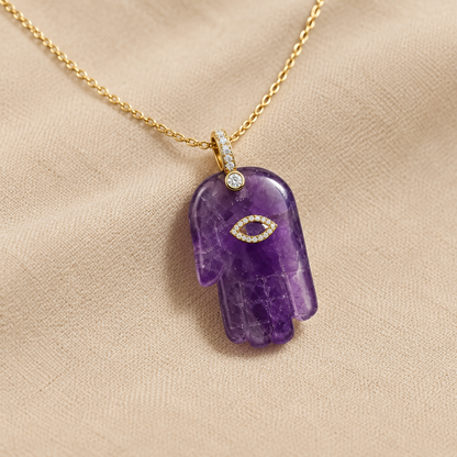 Natural Gemstone Hamsa Necklace – Amethyst, Turquoise, Labradorite & More | Judaica Protection Pendant