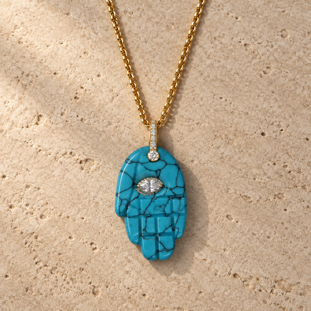 Natural Gemstone Hamsa Necklace – Amethyst, Turquoise, Labradorite & More | Judaica Protection Pendant