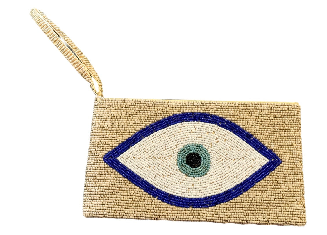 Evil eye fully beaded purse with wrist strap