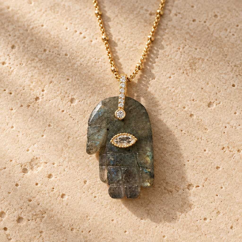 Natural Gemstone Hamsa Necklace – Amethyst, Turquoise, Labradorite & More | Judaica Protection Pendant
