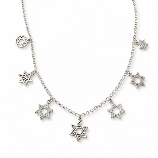 Stainless Steel Magen David 7-Charm Necklace