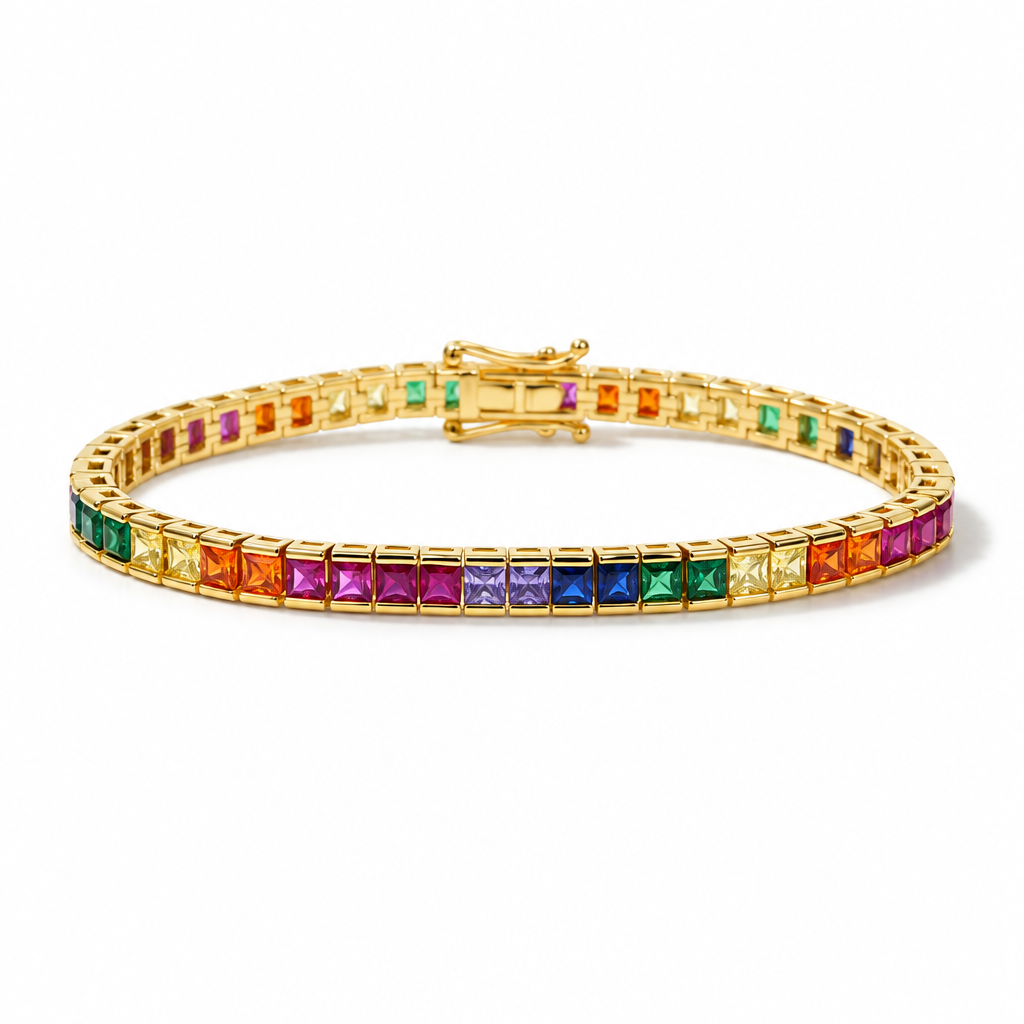 Colourful Rainbow Square Cut Tennis Bracelets | Water-Resistant Gold Plated