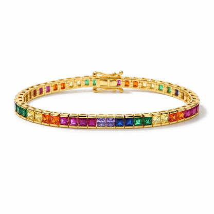 Colourful Rainbow Square Cut Tennis Bracelets | Water-Resistant Gold Plated