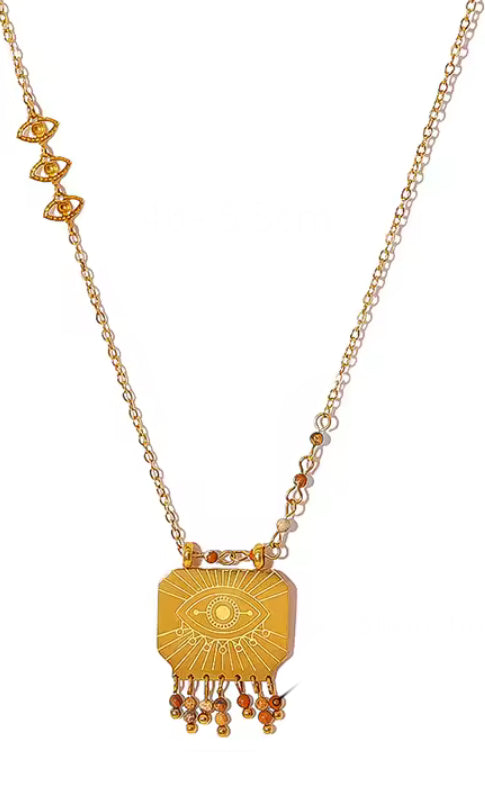 Rectangular Evil Eye & Beaded Pendant Necklace