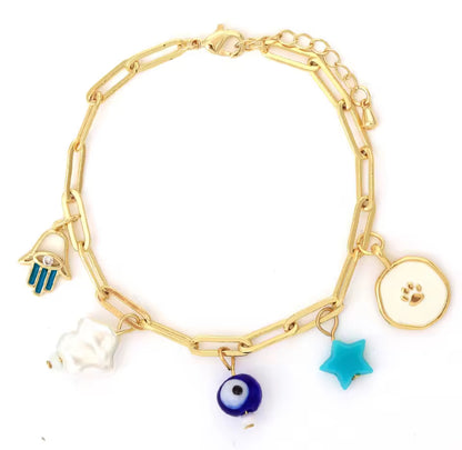 Gold Paperclip Chain Bracelet with Evil Eye & Whimsical Charms