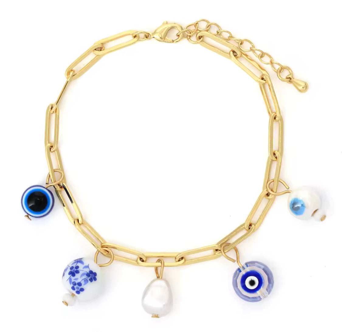 Gold Paperclip Chain Bracelet with Evil Eye & Whimsical Charms