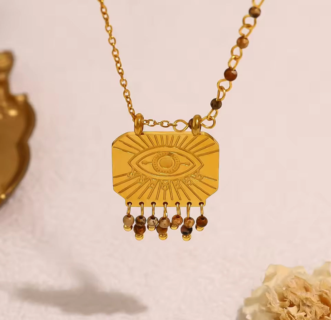 Rectangular Evil Eye & Beaded Pendant Necklace