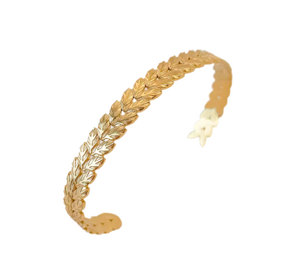 Gold Plated Textured Laurel Leaf Open Cuff Bangle Bracelet