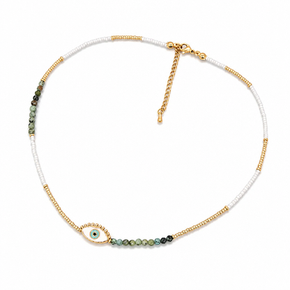 Green Gold Beaded Necklace Collection | Mother of Pearl Pendants and Evil Eye
