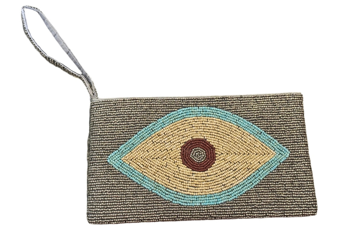Evil eye fully beaded purse with wrist strap
