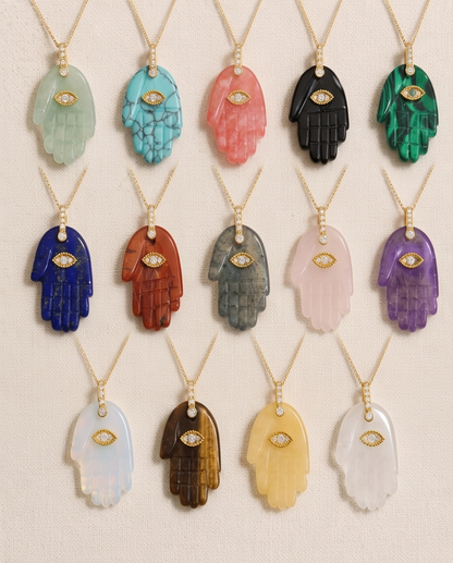 Natural Gemstone Hamsa Necklace – Amethyst, Turquoise, Labradorite & More | Judaica Protection Pendant