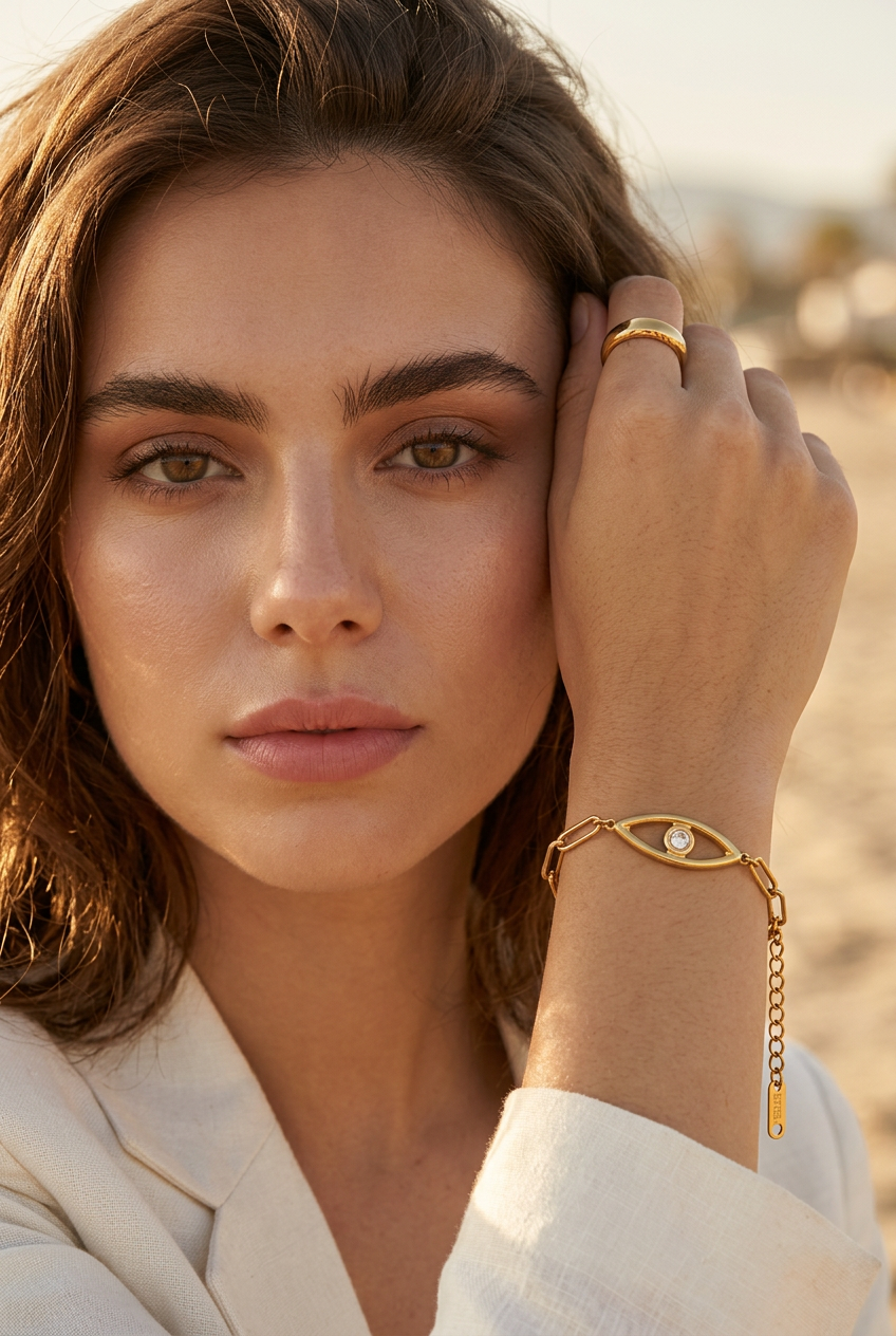 Gold Evil Eye Link Bracelet Water-Resistant , Tarnish-Free Protection Bracelet