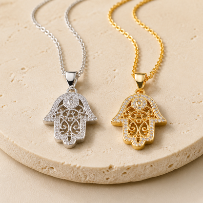 Hamsa Hand Pendant Necklace – Silver & Gold