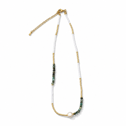 Green Gold Beaded Necklace Collection | Mother of Pearl Pendants and Evil Eye
