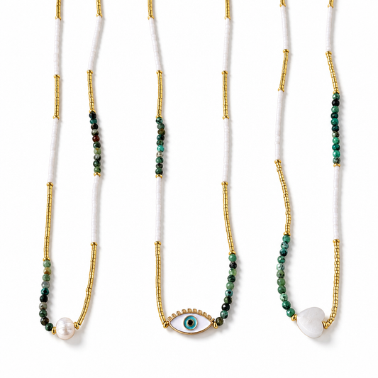 Green Gold Beaded Necklace Collection | Mother of Pearl Pendants and Evil Eye