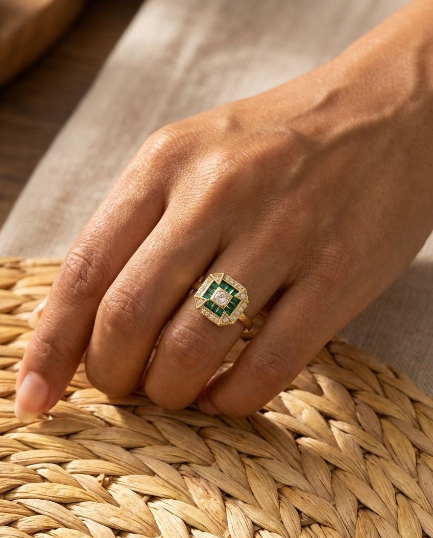 Emerald Green Cubic Zirconia Adjustable Ring | Gold Statement Ring | Water-Resistant & Tarnish-Free